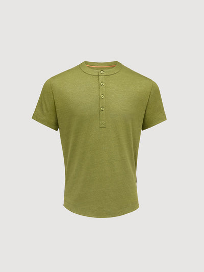 French Linen Short Sleeve Henley in *Military Olive* (olive green) — flat lay front | Y.Chroma
