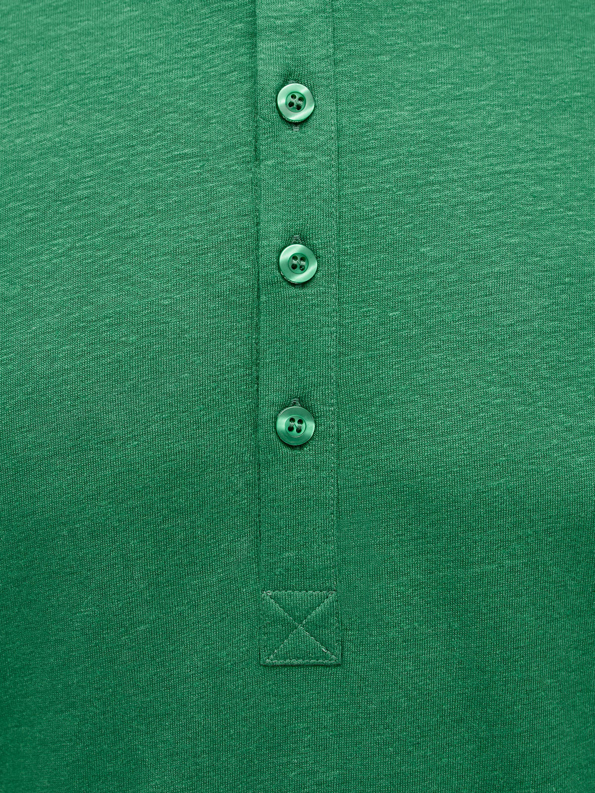 French Linen Short Sleeve Henley in *British Green* (forest green) — placket and three-button detail | Y.Chroma