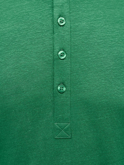 French Linen Short Sleeve Henley in *British Green* (forest green) — placket and three-button detail | Y.Chroma