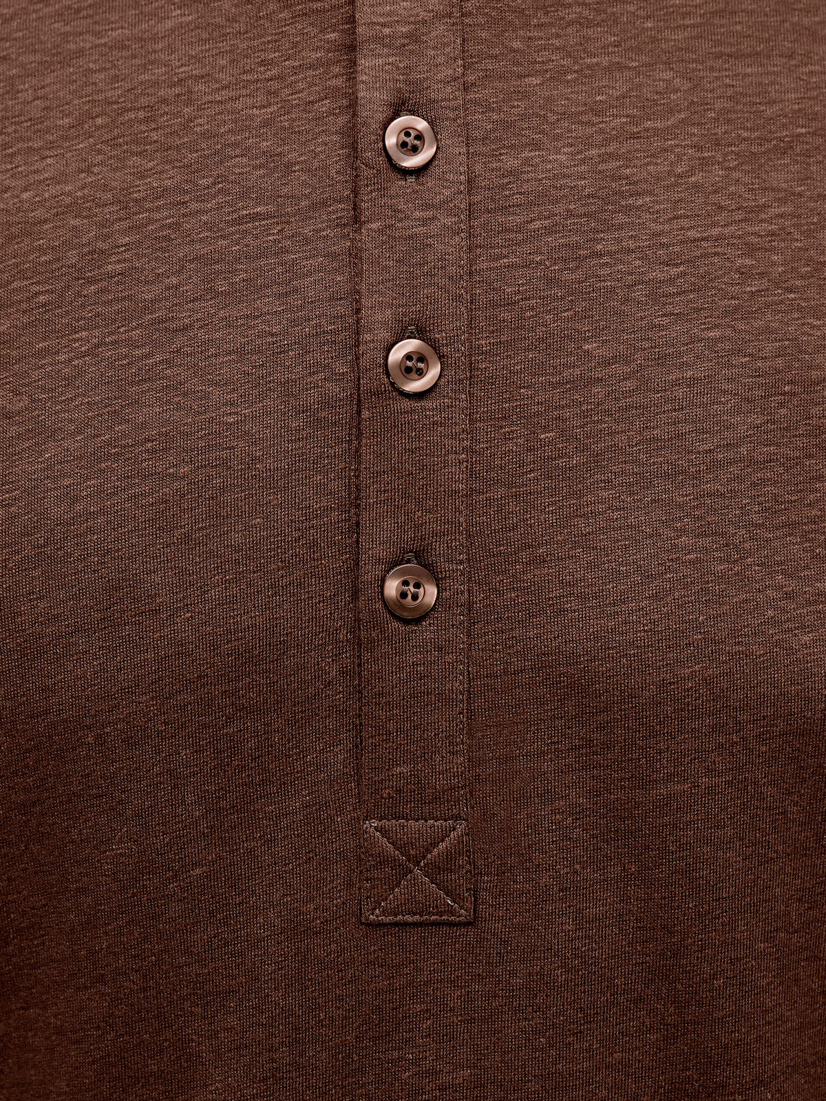 French Linen Short Sleeve Henley in *Java Brown* (warm brown) — placket and three-button detail | Y.Chroma