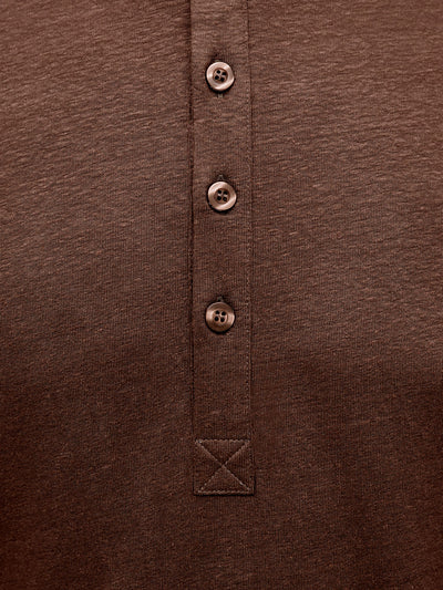 French Linen Short Sleeve Henley in *Java Brown* (warm brown) — placket and three-button detail | Y.Chroma