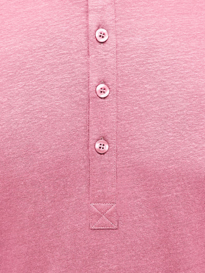 French Linen Short Sleeve Henley in *Quartz Pink* (dusty pink) — placket and three-button detail | Y.Chroma
