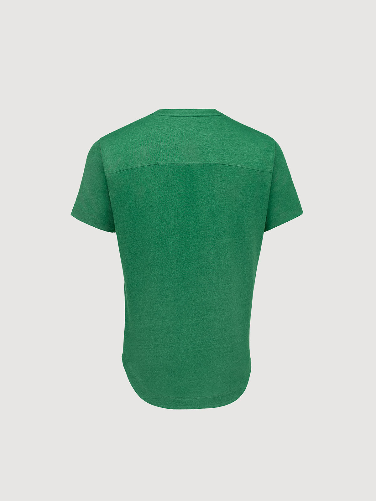 French Linen Short Sleeve Henley in *British Green* (forest green) — flat lay back | Y.Chroma