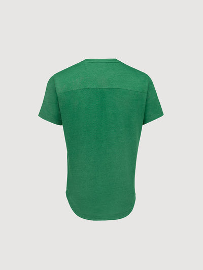 French Linen Short Sleeve Henley in *British Green* (forest green) — flat lay back | Y.Chroma