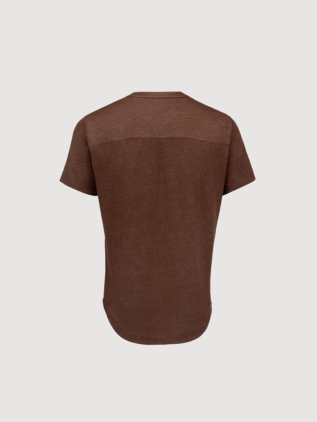 French Linen Short Sleeve Henley in *Java Brown* (warm brown) — flat lay back | Y.Chroma