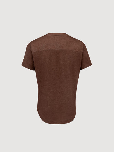 French Linen Short Sleeve Henley in *Java Brown* (warm brown) — flat lay back | Y.Chroma