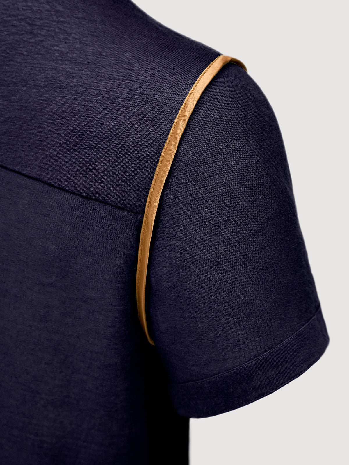 French Linen Short Sleeve Henley in *Midnight Blue* (navy blue) — Cognac Silk™ armhole lining detail | Y.Chroma