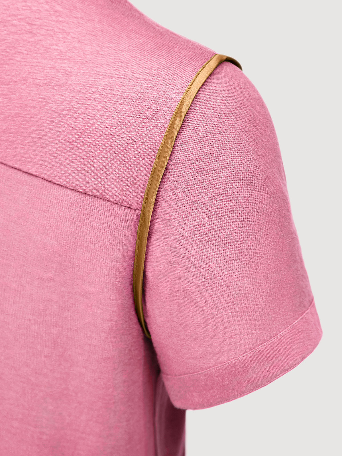 French Linen Short Sleeve Henley in *Quartz Pink* (dusty pink) — Cognac Silk™ armhole lining detail | Y.Chroma