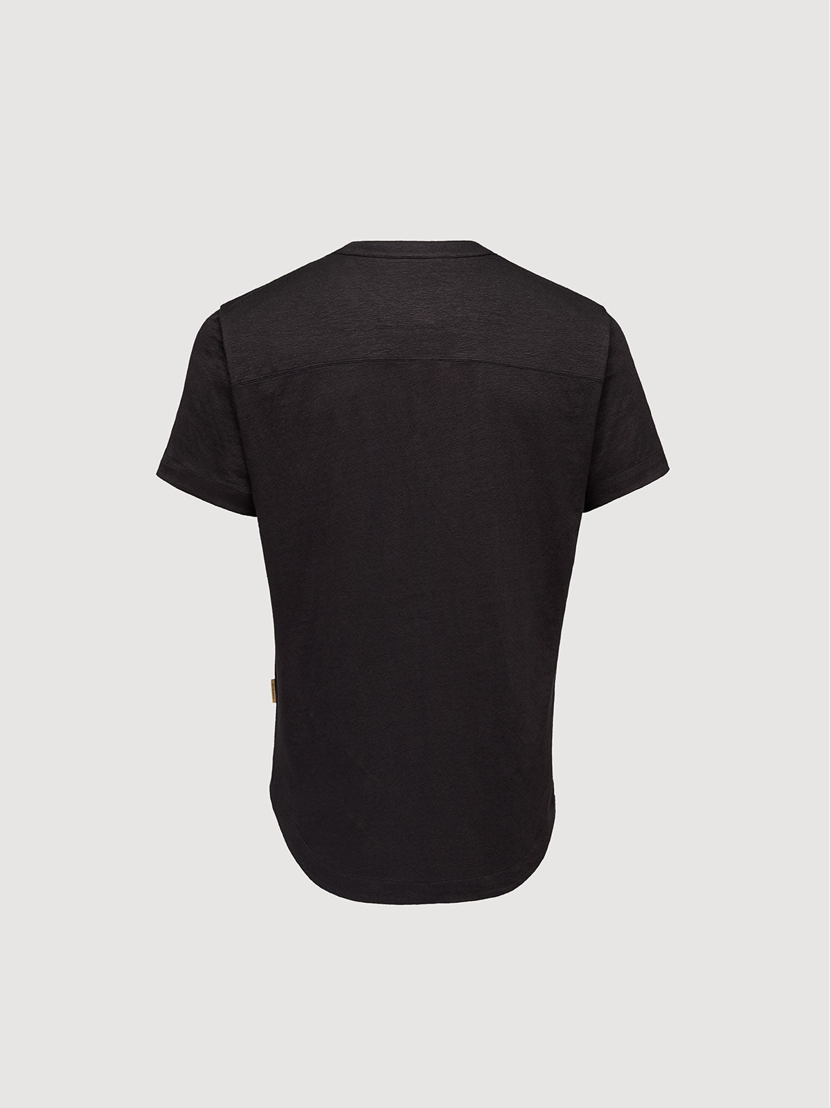 French Linen Short Sleeve Henley in *Berlin Black* (black) — flat lay back | Y.Chroma