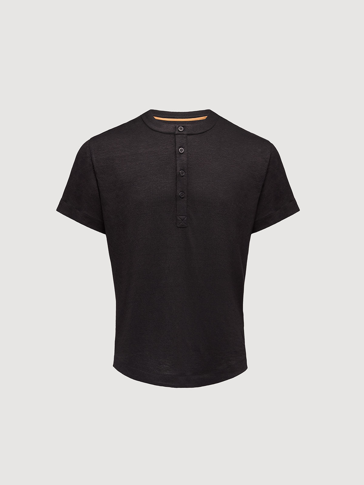 French Linen Short Sleeve Henley in *Berlin Black* (black) — flat lay front | Y.Chroma