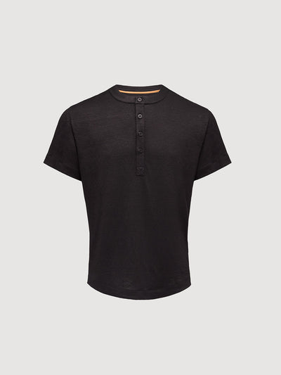 French Linen Short Sleeve Henley in *Berlin Black* (black) — flat lay front | Y.Chroma