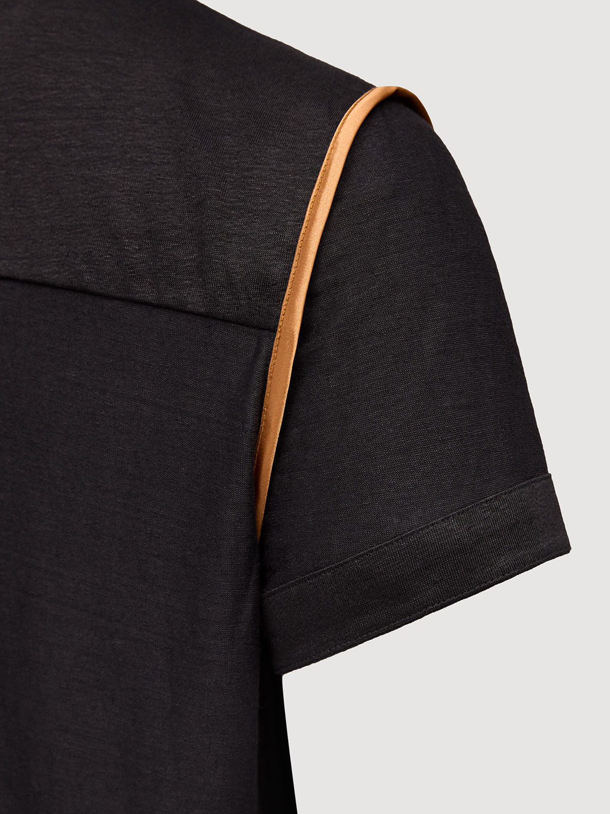 French Linen Short Sleeve Henley in *Berlin Black* (black) — Cognac Silk™ armhole lining detail | Y.Chroma