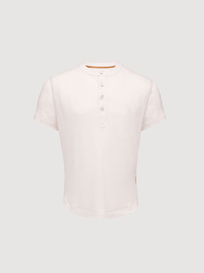 French Linen Short Sleeve Henley in *White Lotus* (off-white) — flat lay front | Y.Chroma