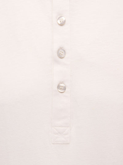 French Linen Short Sleeve Henley in *White Lotus* (off-white) — placket and three-button detail | Y.Chroma
