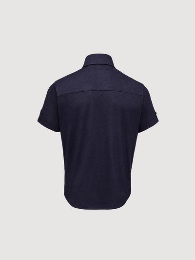 Madeira French Linen Short Sleeve Polo in *Midnight Blue* (navy blue) — flat lay back | Y.Chroma