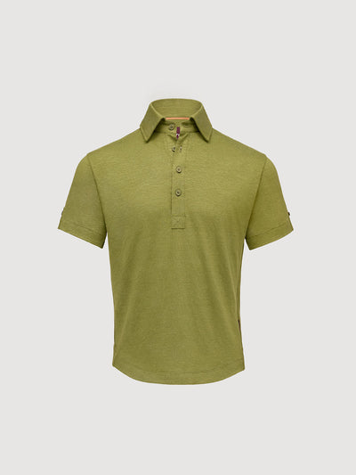 Madeira French Linen Short Sleeve Polo in *Military Olive* (olive green) — flat lay front | Y.Chroma