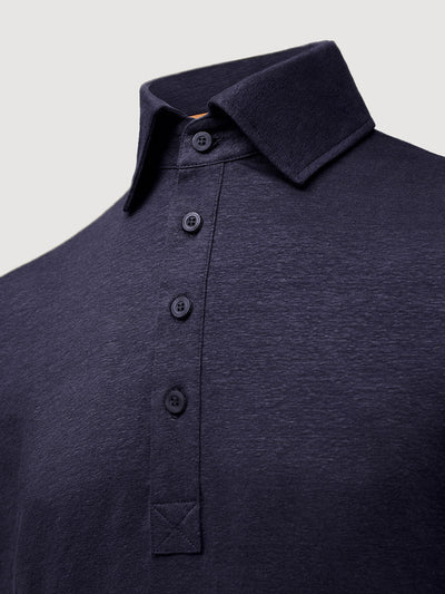 Madeira French Linen Short Sleeve Polo in *Midnight Blue* (navy blue) — collar detail | Y.Chroma