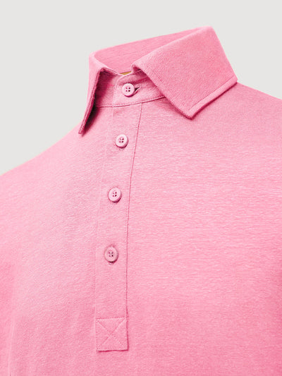 Madeira French Linen Short Sleeve Polo in *Quartz Pink* (dusty pink) — collar detail | Y.Chroma