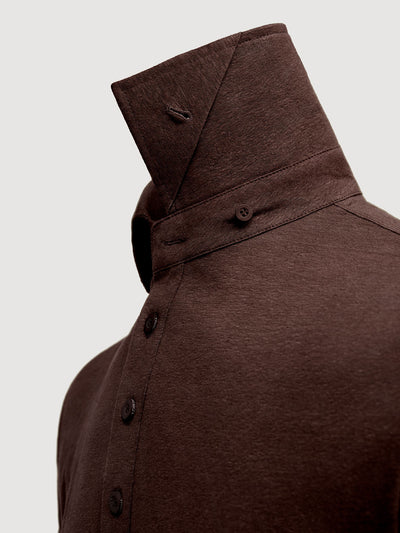 Madeira French Linen Short Sleeve Polo in *Java Brown* (warm brown) — collar button system detail | Y.Chroma