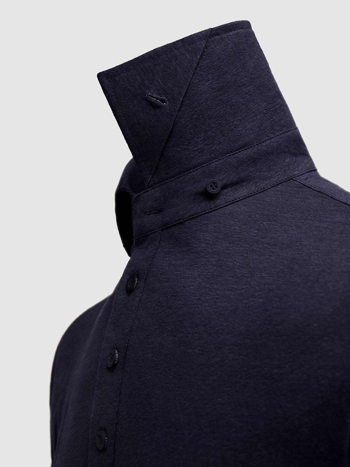 Madeira French Linen Short Sleeve Polo in *Midnight Blue* (navy blue) — collar button system detail | Y.Chroma