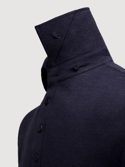 Madeira French Linen Short Sleeve Polo in *Midnight Blue* (navy blue) — collar button system detail | Y.Chroma