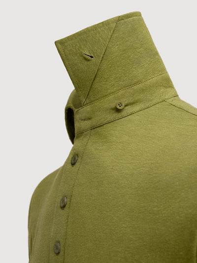 Madeira French Linen Short Sleeve Polo in *Military Olive* (olive green) — collar button system detail | Y.Chroma