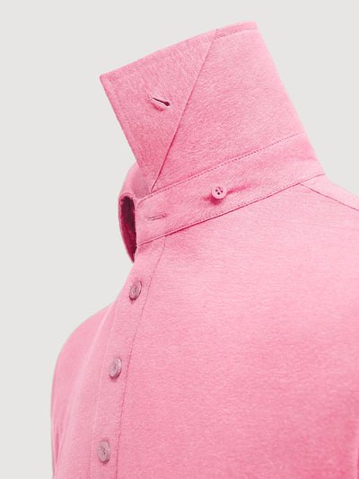 Madeira French Linen Short Sleeve Polo in *Quartz Pink* (dusty pink) — collar button system detail | Y.Chroma