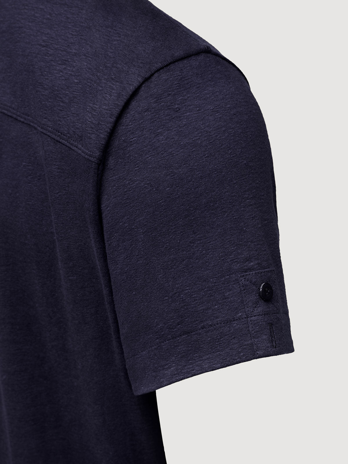 Madeira French Linen Short Sleeve Polo in *Midnight Blue* (navy blue) — sleeve uncuffed detail | Y.Chroma