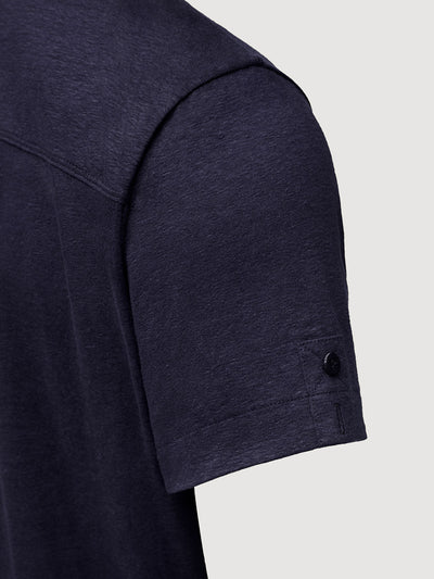 Madeira French Linen Short Sleeve Polo in *Midnight Blue* (navy blue) — sleeve uncuffed detail | Y.Chroma