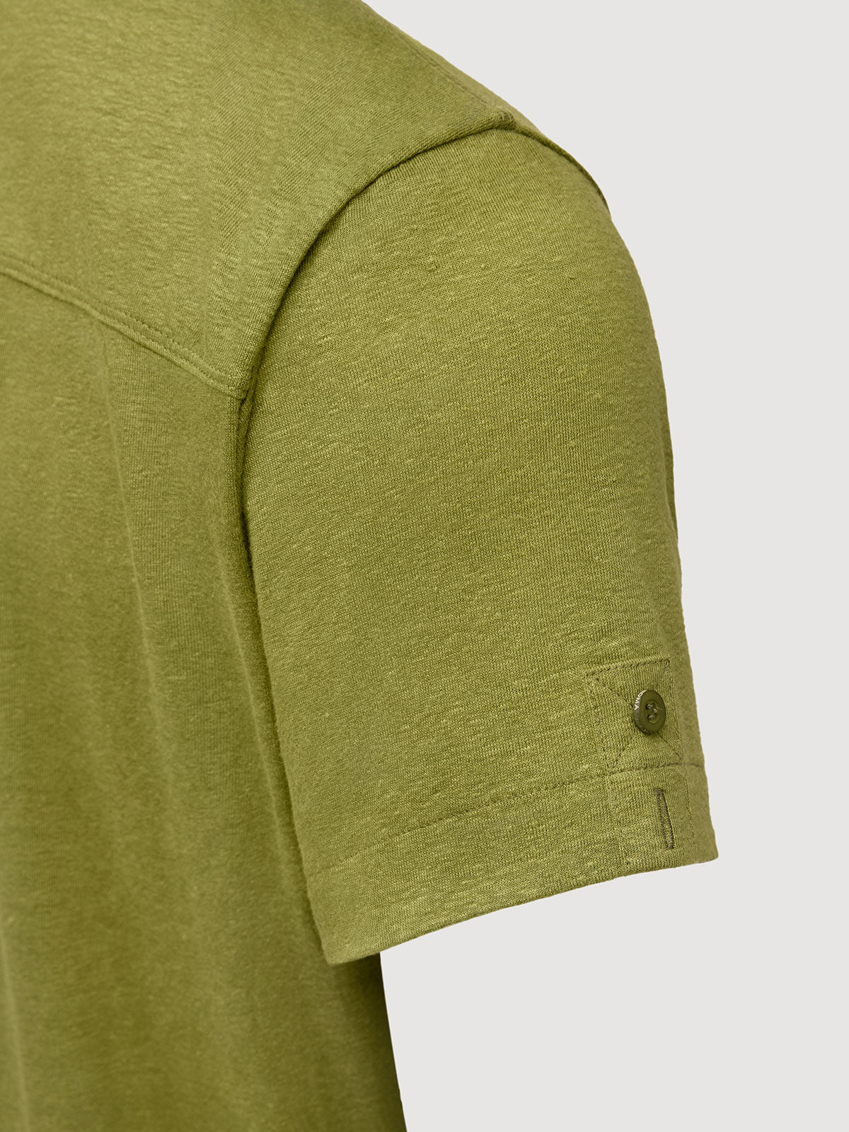 Madeira French Linen Short Sleeve Polo in *Military Olive* (olive green) — sleeve uncuffed detail | Y.Chroma