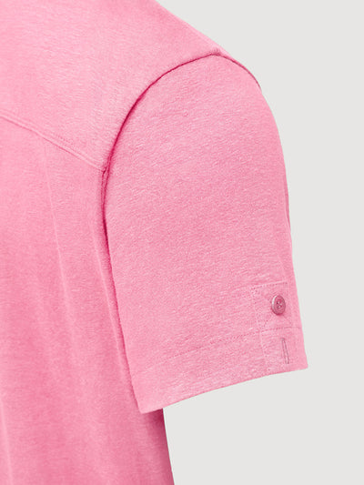 Madeira French Linen Short Sleeve Polo in *Quartz Pink* (dusty pink) — sleeve uncuffed detail | Y.Chroma