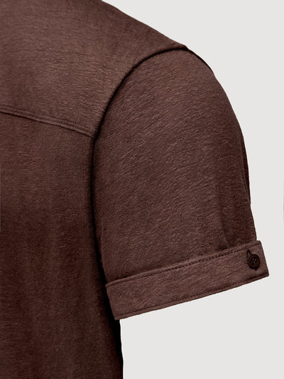Madeira French Linen Short Sleeve Polo in *Java Brown* (warm brown) — sleeve cuffed detail | Y.Chroma