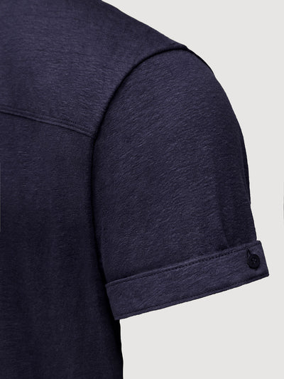 Madeira French Linen Short Sleeve Polo in *Midnight Blue* (navy blue) — sleeve cuffed detail | Y.Chroma