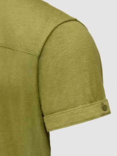 Madeira French Linen Short Sleeve Polo in *Military Olive* (olive green) — sleeve cuffed detail | Y.Chroma