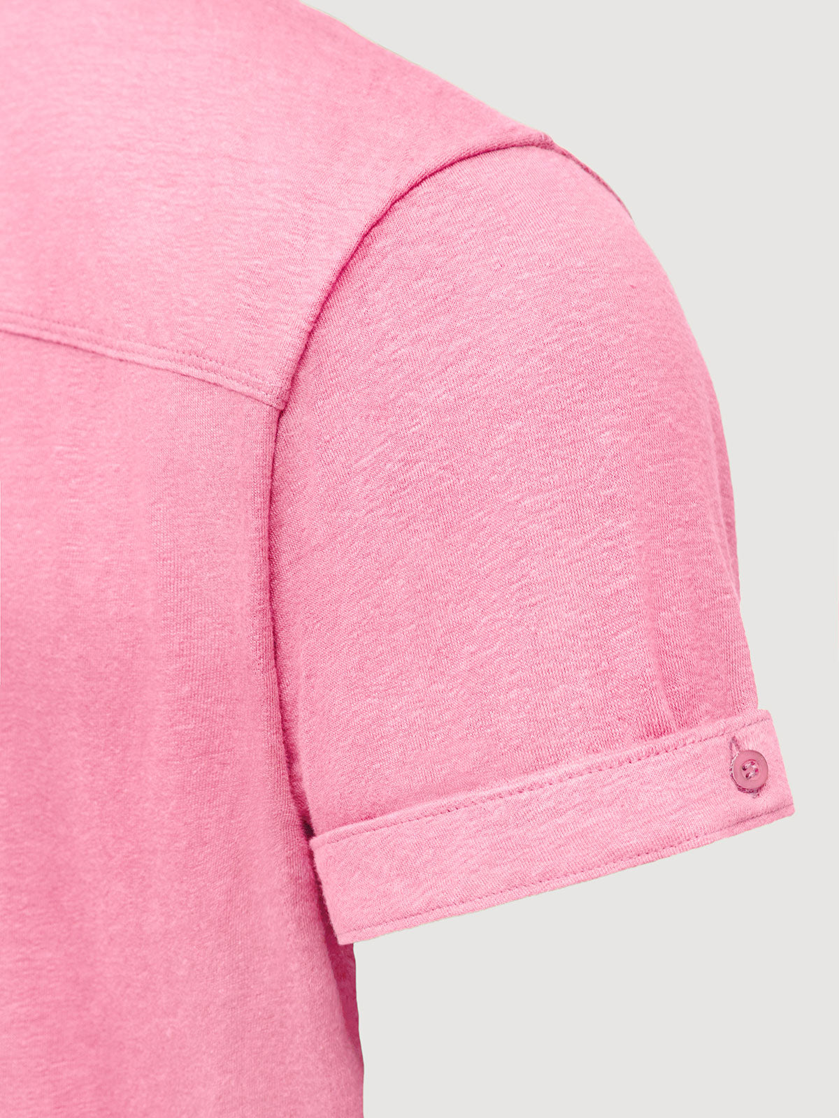 Madeira French Linen Short Sleeve Polo in *Quartz Pink* (dusty pink) — sleeve cuffed detail | Y.Chroma