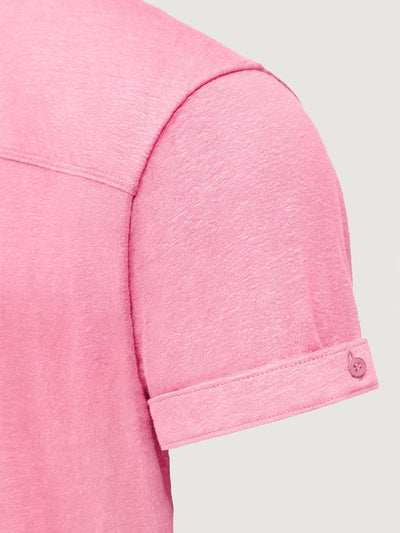 Madeira French Linen Short Sleeve Polo in *Quartz Pink* (dusty pink) — sleeve cuffed detail | Y.Chroma