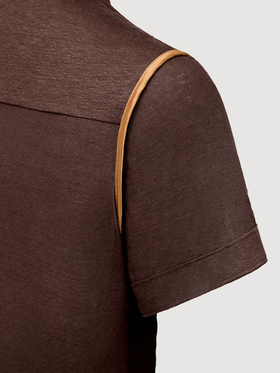 Madeira French Linen Short Sleeve Polo in *Java Brown* (warm brown) — Cognac Silk™ armhole lining detail | Y.Chroma