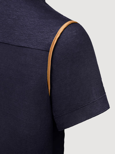 Madeira French Linen Short Sleeve Polo in *Midnight Blue* (navy blue) — Cognac Silk™ armhole lining detail | Y.Chroma