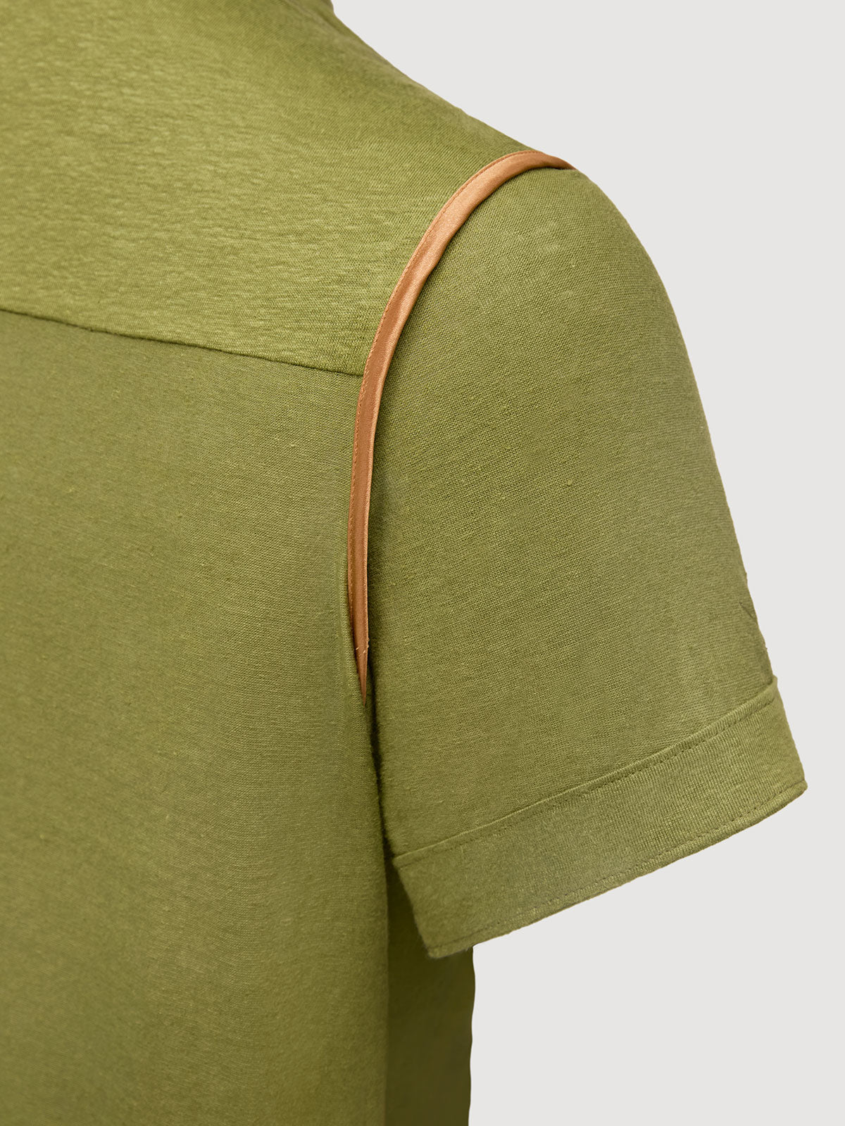 Madeira French Linen Short Sleeve Polo in *Military Olive* (olive green) — Cognac Silk™ armhole lining detail | Y.Chroma