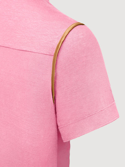 Madeira French Linen Short Sleeve Polo in *Quartz Pink* (dusty pink) — Cognac Silk™ armhole lining detail | Y.Chroma