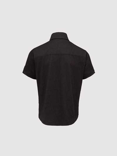 Madeira French Linen Short Sleeve Polo in *Berlin Black* (black) — flat lay back | Y.Chroma