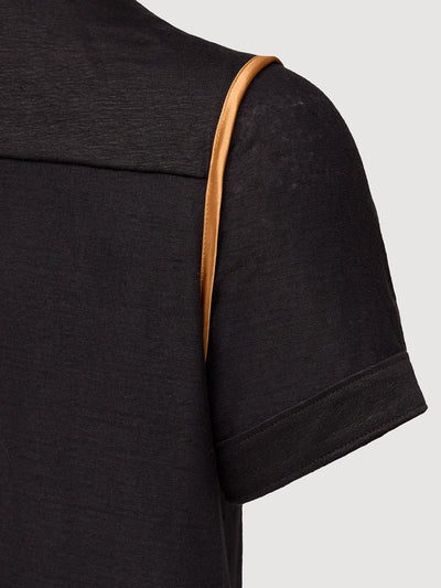 Madeira French Linen Short Sleeve Polo in *Berlin Black* (black) — Cognac Silk™ armhole lining detail | Y.Chroma