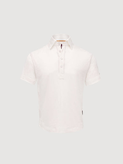 Madeira French Linen Short Sleeve Polo in *White Lotus* (off-white) — flat lay front | Y.Chroma