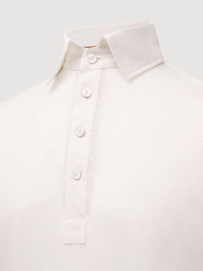 Madeira French Linen Short Sleeve Polo in *White Lotus* (off-white) — collar detail | Y.Chroma