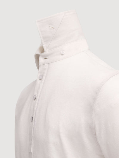 Madeira French Linen Short Sleeve Polo in *White Lotus* (off-white) — collar button system detail | Y.Chroma
