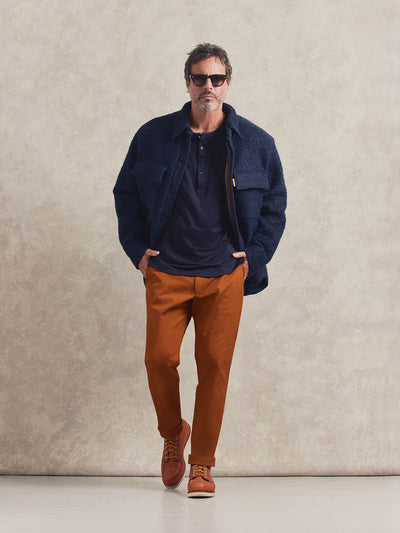French Linen Short Sleeve Henley in *Midnight Blue* (navy blue) styled with Caramel Café Becker Pant and Midnight Blue Deckmaster — full length lookbook | Y.Chroma