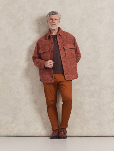 French Linen Short Sleeve Henley in *Java Brown* (warm brown) styled with Burnt Orange Varial Shirt-Cut Jacket and Caramel Café Becker Pant — full length lookbook | Y.Chroma