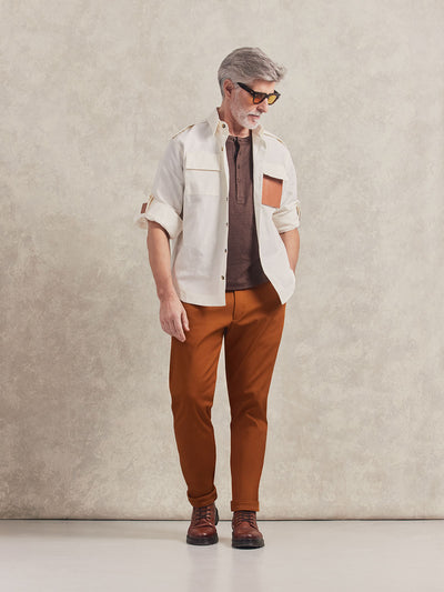 French Linen Short Sleeve Henley in *Java Brown* (warm brown) styled with Caramel Café Becker Pant and White Lotus Lagos Canvas Work Shirt — full length lookbook | Y.Chroma