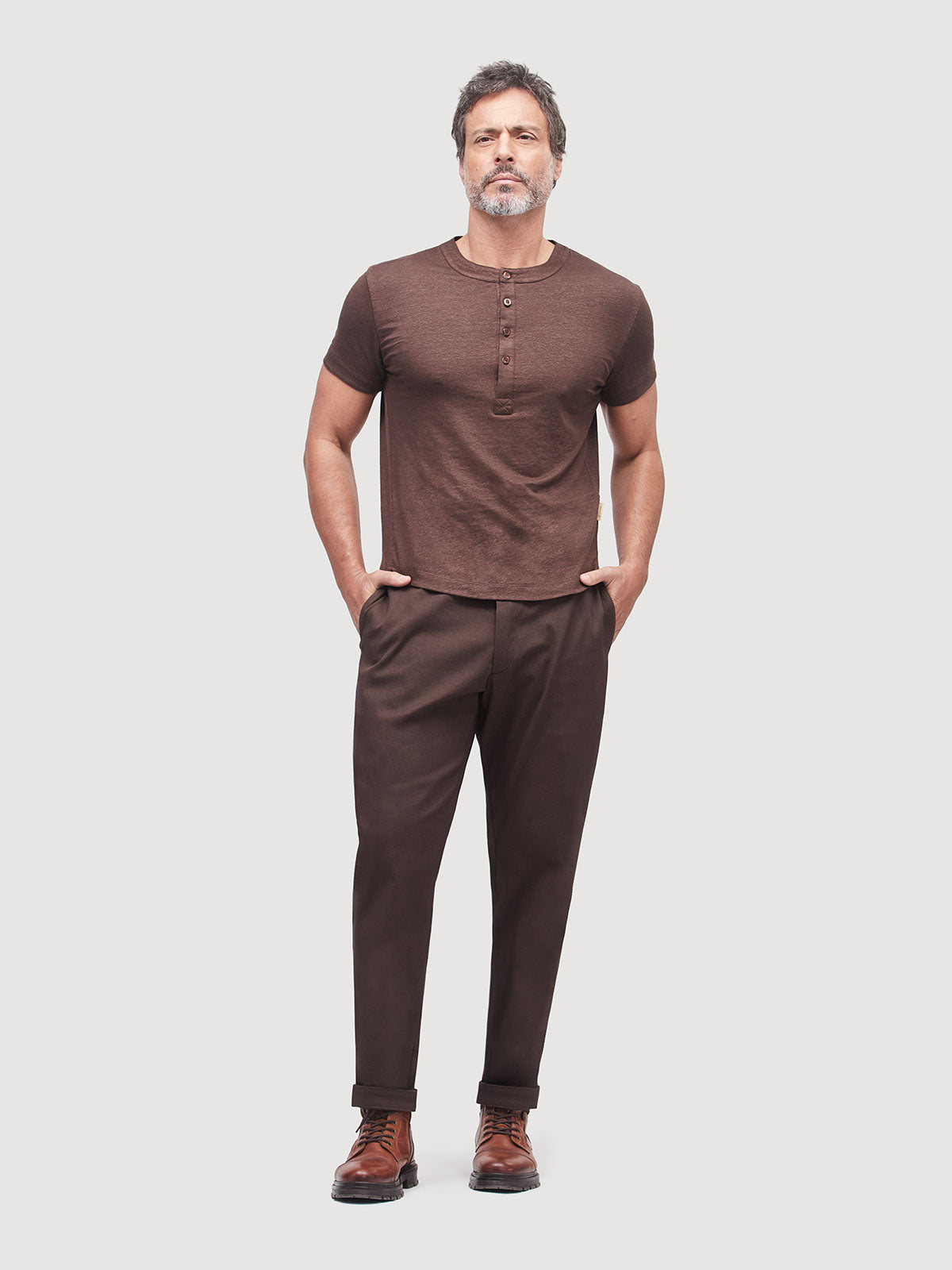 French Linen Short Sleeve Henley in *Java Brown* (warm brown) — flat lay front | Y.Chroma