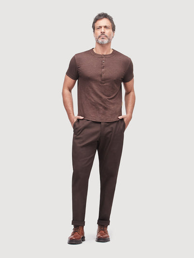 French Linen Short Sleeve Henley in *Java Brown* (warm brown) — flat lay front | Y.Chroma